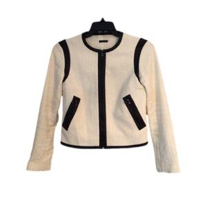 Magaschoni Luxury Fashion Creamy White & Black Faux Leather Trim Jacket. Size 2.